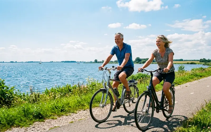 Twee mensen van in de vijftig fietsen lachend langs het water in de zomer