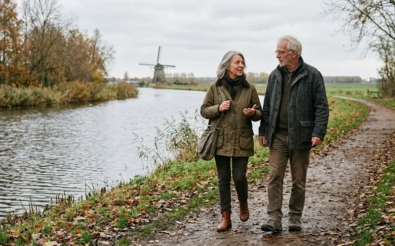 Een vrouw en een man van in de zestig wandelen pratend over een pad langs het water
