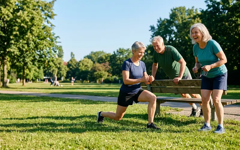 Drie mensen van in de vijftig doen lachend oefeningen bij een bank in het park