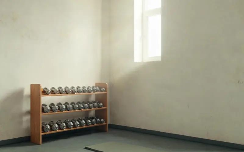 Een houten rek met halters in een lichte, lege ruimte