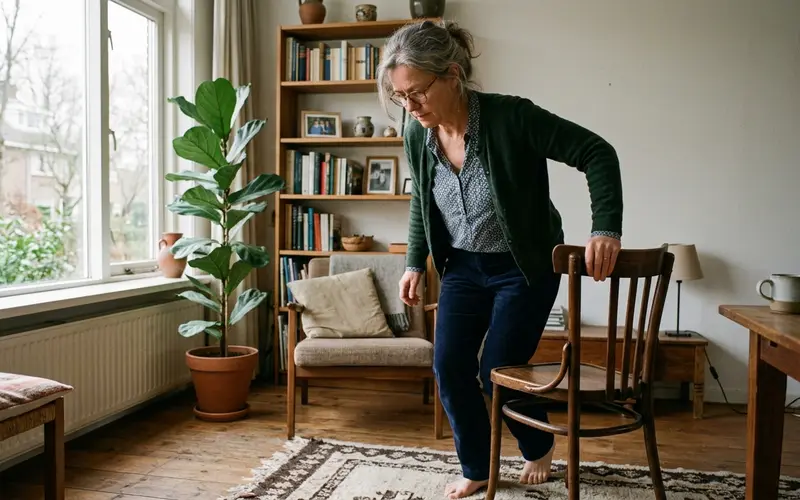 Een houten stoel bij een raam, met ochtendlicht over de vloer