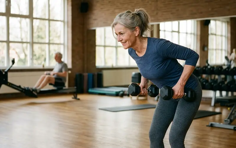 Een vrouw van in de vijftig traint met halters in een lichte sportschool