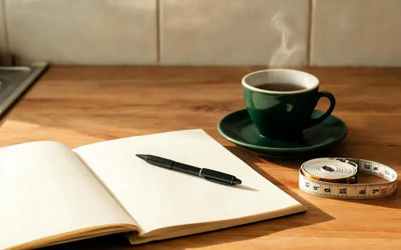 Een notitieboekje met een pen op een keukentafel, in het ochtendlicht